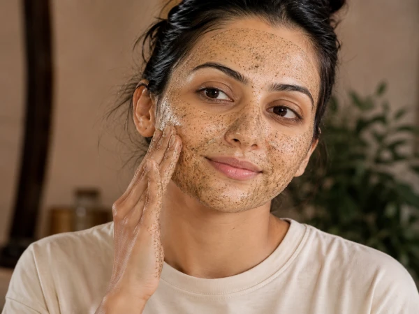 Natural ingredients used to prepare a homemade herbal scrub for gentle skin exfoliation and glowing skin.