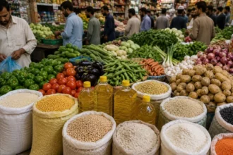 Shoppers buying vegetables and groceries as Pakistan's weekly inflation rises in the first week of August 2026.