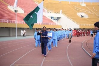 Naya Nazimabad Independence Day Sports Festival opens in Karachi with flag-hoisting and sporting activities.