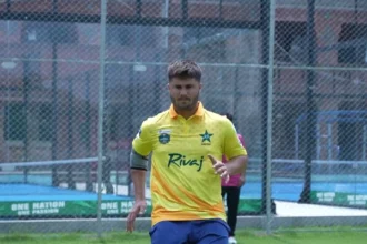Qayyum Khan, Pakistan’s emerging 150 km/h fast bowler from Jhang, during a cricket training session.