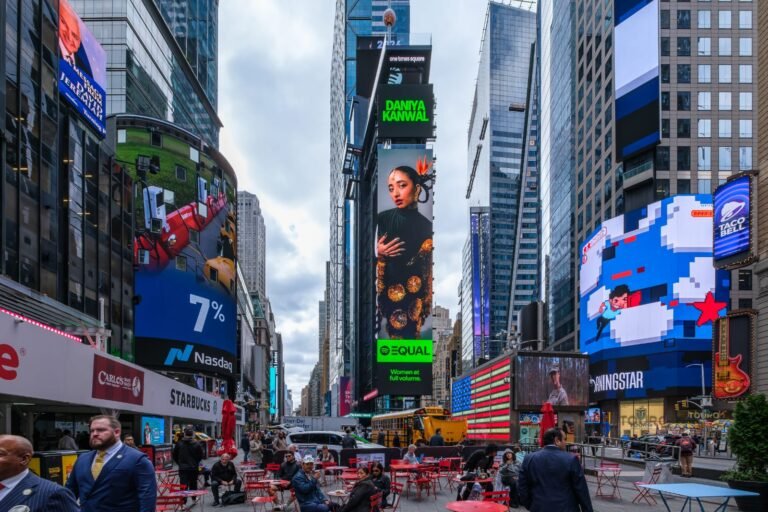 Pakistani rapper Daniya Kanwal featured on New York's Times Square billboard as Spotify EQUAL Pakistan Ambassador for Q3 2026.