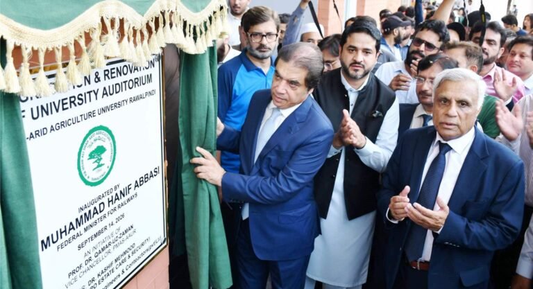 Federal Minister Muhammad Hanif Abbasi inaugurates the renovated auditorium at Arid Agriculture University Rawalpindi and announces a new sports complex