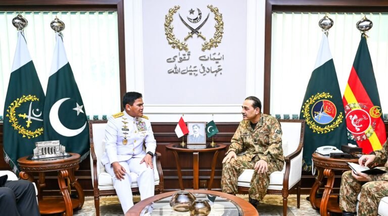 Field Marshal Syed Asim Munir meets Indonesian Navy Chief Admiral Dr Muhammad Ali at GHQ Rawalpindi to discuss defence cooperation.