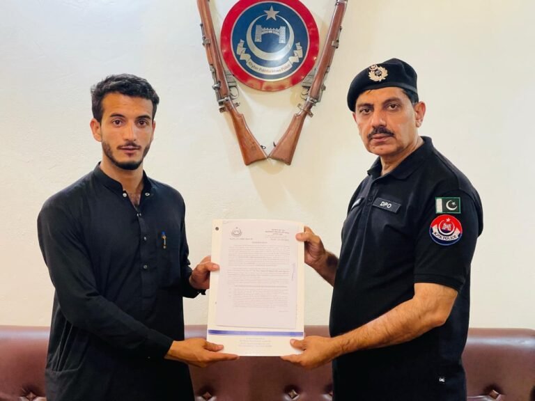 Upper Dir DPO Aslam Nawaz hands appointment letter to Abrar Ahmed, son of Shaheed Constable Zahir Shah, under the Shuhada Package.