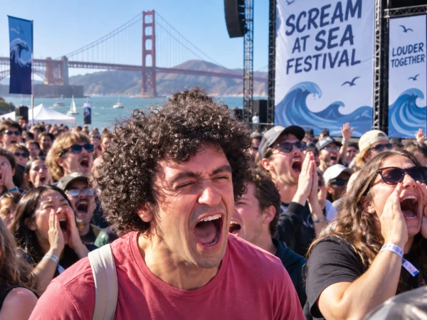 Crowd Gathers by Pacific Ocean to Scream Away Frustrations
