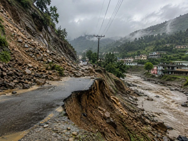 Torrential rain and landslides block a road and affect villages in Haripur, Khyber Pakhtunkhwa.