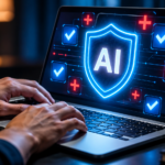 Illustration of AI-powered cyber threats, including phishing scams, password hacking and digital security risks, highlighting five online safety tips.
