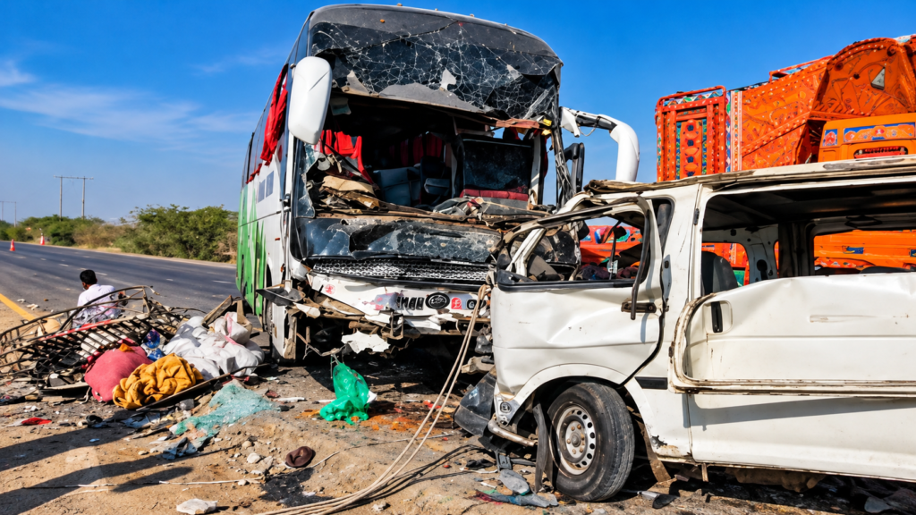 12 Killed, 22 Injured in Coach-Van Collision in Balochistan’s Lasbela Deadly passenger coach and minivan collision near Uthal Zero Point on the Quetta-Karachi highway in Lasbela, Balochistan.