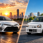 Toyota Corolla sedan alongside Suzuki Alto and Cultus hatchbacks illustrating fuel expenses and ownership costs in Pakistan.