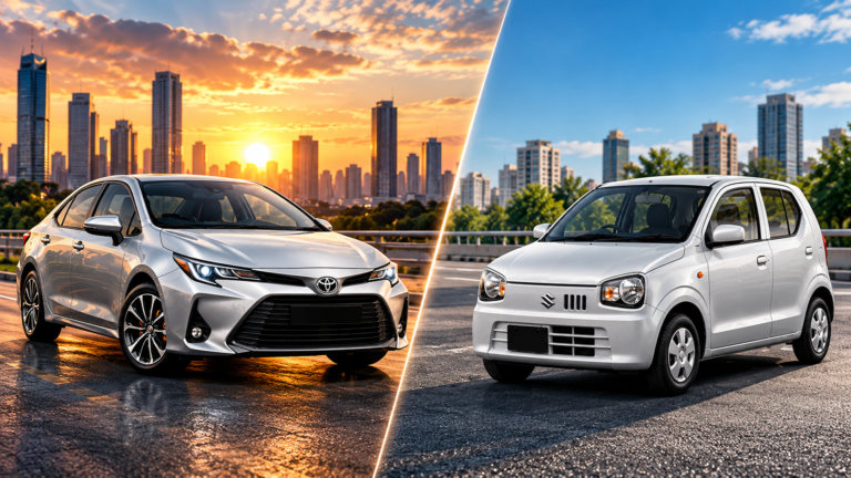 Toyota Corolla sedan alongside Suzuki Alto and Cultus hatchbacks illustrating fuel expenses and ownership costs in Pakistan.