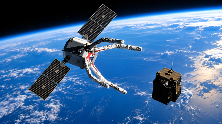 Robotic spacecraft equipped with giant claws designed to capture defunct satellites and remove space debris from Earth’s orbit.