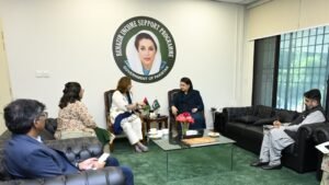 BISP Chairperson Rubina Khalid meets SZABIST ZABTech officials to discuss vocational training and economic empowerment opportunities for women.