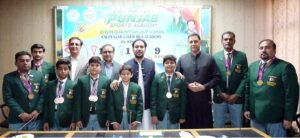 Punjab Sports Minister Malik Faisal Ayub Khokhar honours CM Punjab Laser Run Academy athletes after their 11-medal success at Global Laser Run competitions in Thailand.