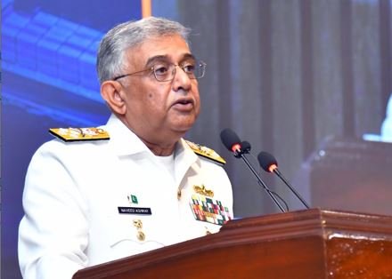 Chief of Naval Staff Admiral Naveed Ashraf attends the fifth International Maritime Symposium at Bahria University Islamabad, discussing maritime security and regional cooperation.