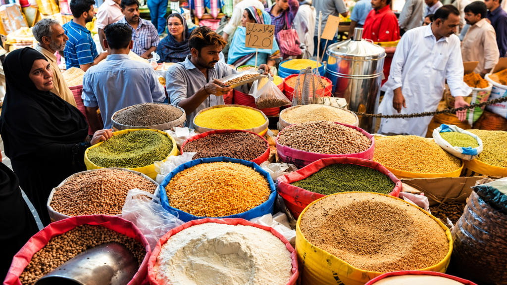 Essential commodities including flour, eggs, chicken and LPG being sold above official government prices in Karachi markets on October 23, 2026.