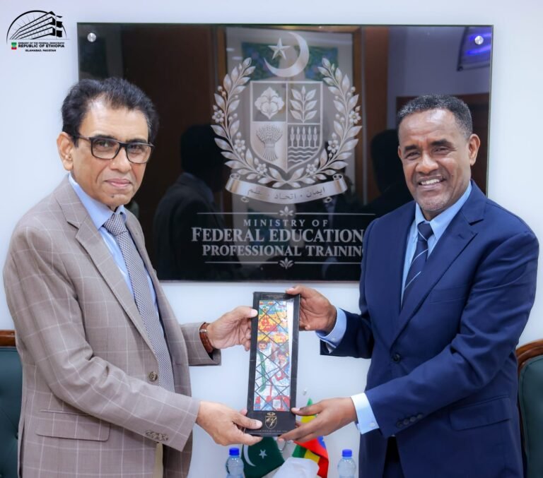 Pakistan Education Minister Khalid Maqbool Siddiqui meets Ethiopian Ambassador Dr Oumer H. Oba in Islamabad.