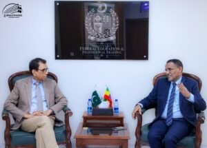 Pakistan Education Minister Khalid Maqbool Siddiqui meets Ethiopian Ambassador Dr Oumer H. Oba in Islamabad.