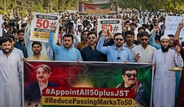 Junior Science Teacher candidates scoring 50 or above threaten a peaceful long march to Sindh Chief Minister's House over recruitment demands.