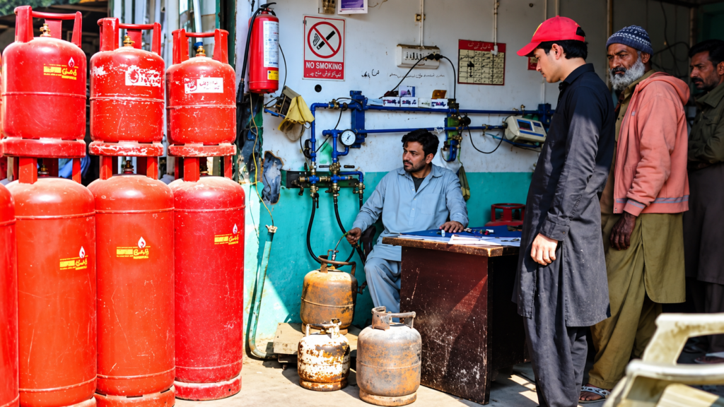 LPG cylinders at a distribution facility in Pakistan amid rising prices, supply disruptions and concerns over regulatory action by OGRA.
