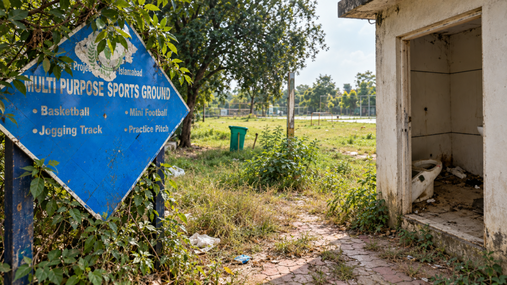 Poorly maintained multi-purpose sports ground in Islamabad with litter, overgrown vegetation and damaged facilities under CDA civic management.
