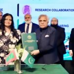 PMAS Arid Agriculture University Vice Chancellor Prof. Dr. Qamar-uz-Zaman and Maldives National University Vice Chancellor Dr. Aishath Shehenaz Adam sign an academic cooperation MoU at HEC Islamabad.