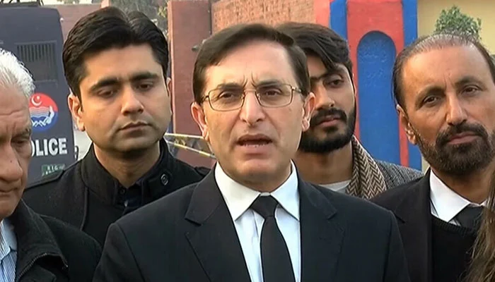 PTI Chairman Barrister Gohar announces plans to challenge governor’s rule and emergency measures in the High Court during a media talk in Peshawar.