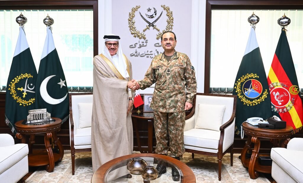 Field Marshal Asim Munir meets Bahrain Foreign Minister Abdullatif Al Zayani at GHQ to discuss defence ties and regional security.