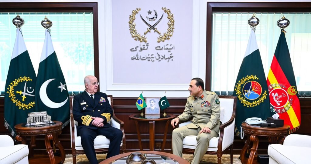 Pakistan, Brazil Move to Deepen Defence Ties as Military Chiefs Meet in Rawalpindi Field Marshal Syed Asim Munir meets Brazil’s military chief Admiral Renato Rodrigues De Aguiar Freire at GHQ Rawalpindi to discuss defence cooperation.
