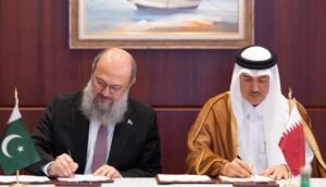 Commerce Minister Jam Kamal Khan and Qatar's Minister of State for Foreign Trade Affairs Dr. Ahmad bin Mohammed Al-Sayed at the Pakistan–Qatar Joint Task Force meeting in Doha.