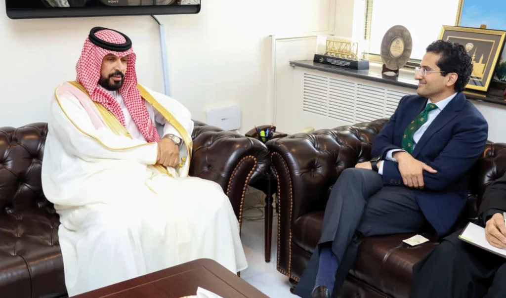 Petroleum Minister Ali Pervaiz Malik meets Saudi Ambassador Dr. Rajeh bin Tami Al-Baqami in Islamabad to discuss energy cooperation and investment.