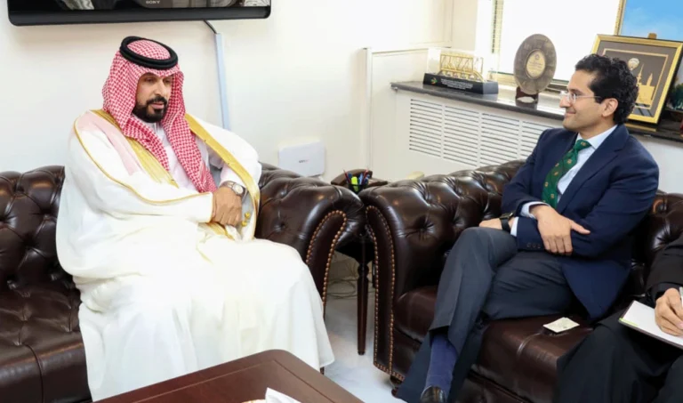 Petroleum Minister Ali Pervaiz Malik meets Saudi Ambassador Dr. Rajeh bin Tami Al-Baqami in Islamabad to discuss energy cooperation and investment.