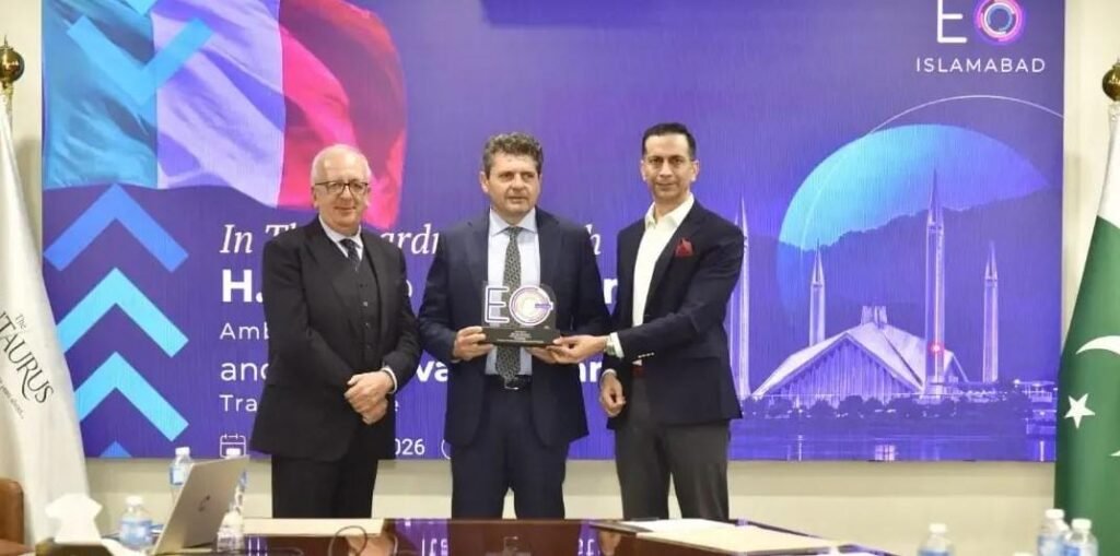 EO Islamabad President Omais Khattak chairs In the Boardroom session with Italian Ambassador Ugo Ciarlatani and Trade Attaché Salvatore Parano.