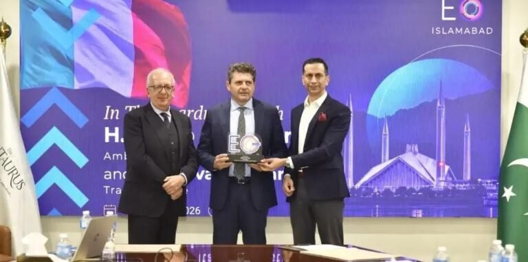 EO Islamabad President Omais Khattak chairs In the Boardroom session with Italian Ambassador Ugo Ciarlatani and Trade Attaché Salvatore Parano.