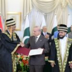 Maldives President Mohamed Muizzu receives an honorary doctorate from International Islamic University Islamabad during a special convocation at the Prime Minister’s House.