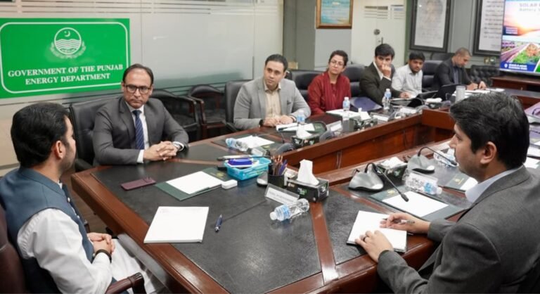 Punjab Energy Minister Malik Faisal Ayub Khokhar chairs a meeting in Lahore to review proposed battery energy storage and solarisation projects for three industrial areas.