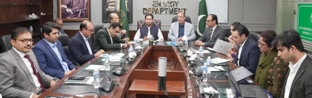 Punjab ministers Chaudhry Shafay Hussain and Faisal Ayub Khokhar chair a meeting on affordable electricity and battery storage projects for industrial estates.