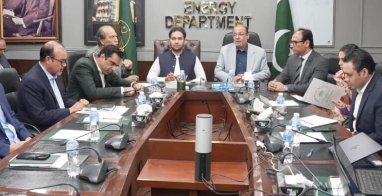 Punjab ministers Chaudhry Shafay Hussain and Faisal Ayub Khokhar chair a meeting on affordable electricity and battery storage projects for industrial estates.