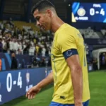 Cristiano Ronaldo celebrates after scoring for Al-Nassr against Al-Riyadh in the Saudi Pro League.