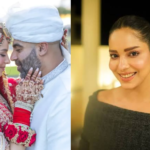 Pakistani actress Sukaina Khan in a traditional red and gold bridal lehenga at her wedding in the United States.