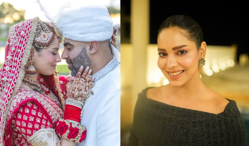 Pakistani actress Sukaina Khan in a traditional red and gold bridal lehenga at her wedding in the United States.