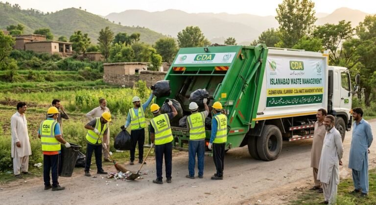 CDA sanitation workers and waste collection vehicles providing solid waste management services in Islamabad’s rural areas, including Bhara Kahu.