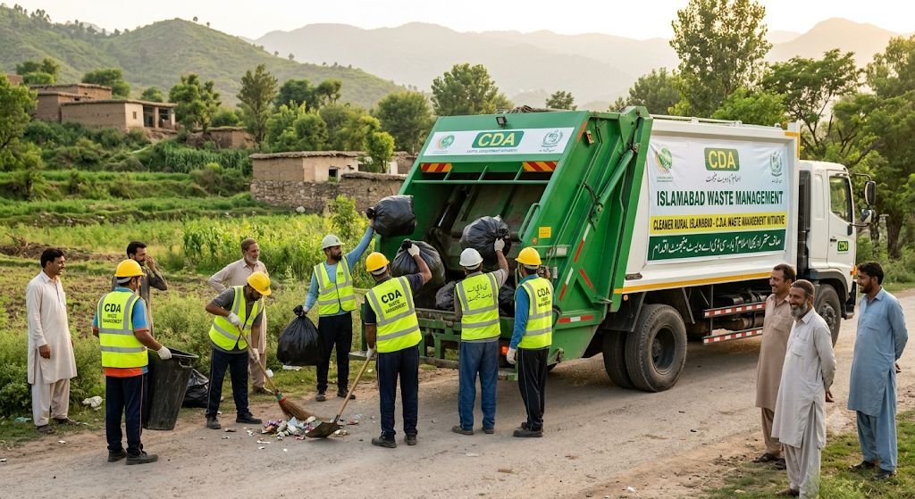 CDA sanitation workers and waste collection vehicles providing solid waste management services in Islamabad’s rural areas, including Bhara Kahu.