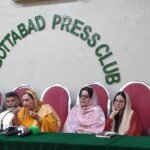 PPP MPA Ashbar Jadoon addresses a press conference at the Abbottabad Press Club on security and governance in Khyber Pakhtunkhwa.