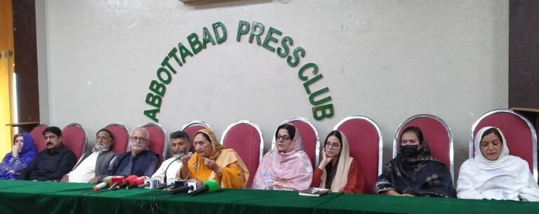 PPP MPA Ashbar Jadoon addresses a press conference at the Abbottabad Press Club on security and governance in Khyber Pakhtunkhwa.