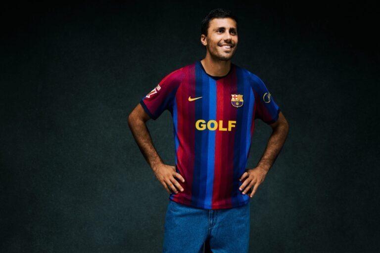 FC Barcelona El Clásico jersey featuring Tyler the Creator's GOLF WANG logo in collaboration with Spotify.