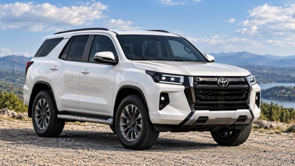 Unofficial AI-generated rendering of the 2027 Toyota Fortuner showing a possible Hilux-inspired front design based on camouflaged test vehicles spotted in Thailand.
