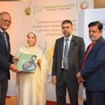 Hamdard University Chancellor Sadia Rashid, Javed Jabbar and university officials unveil A Legacy of Wisdom at a book launch ceremony in Karachi.
