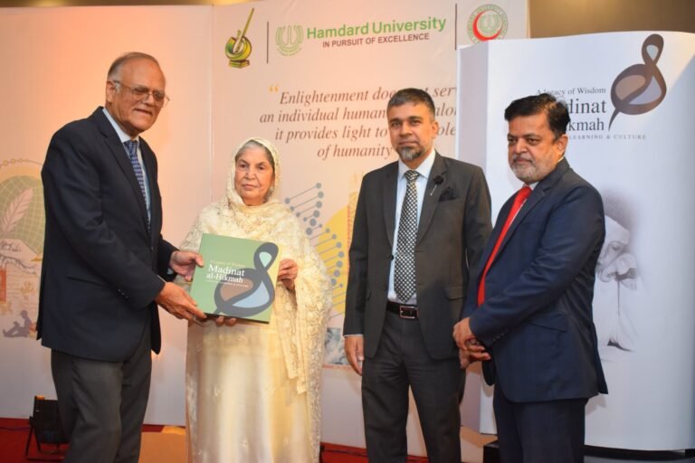 Hamdard University Chancellor Sadia Rashid, Javed Jabbar and university officials unveil A Legacy of Wisdom at a book launch ceremony in Karachi.