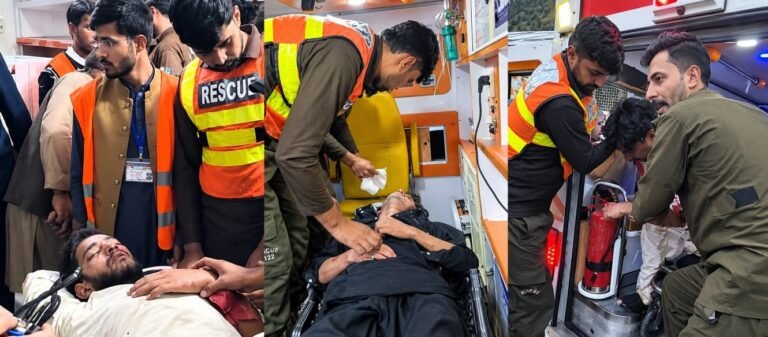 Rescue teams respond after a jeep falls into a ravine on Anbila Link Road in Shangla.