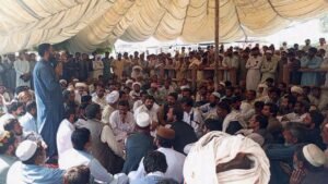 Residents protest on Bannu Road after two tube-well operators are abducted in Dera Ismail Khan